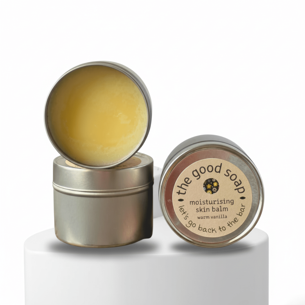 Moisturising skin balm in a metal tin with 'the good soap' branding on a white background