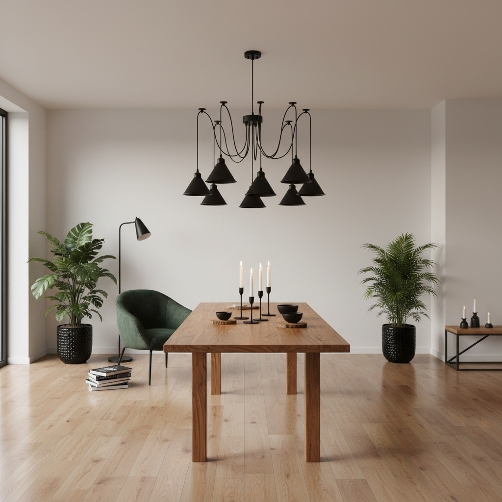 A modern dining room scene featuring a black multi-light chandelier hanging over a wooden dining table, flanked by a green armchair, potted plants, and a floor lamp in a minimalist room with light wood flooring.