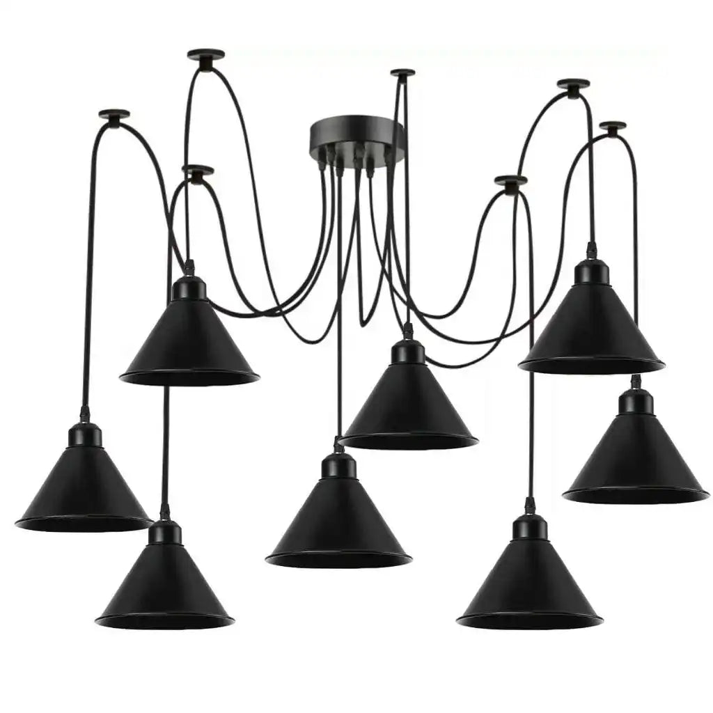 Black chandelier with multiple pendant lights on a white background