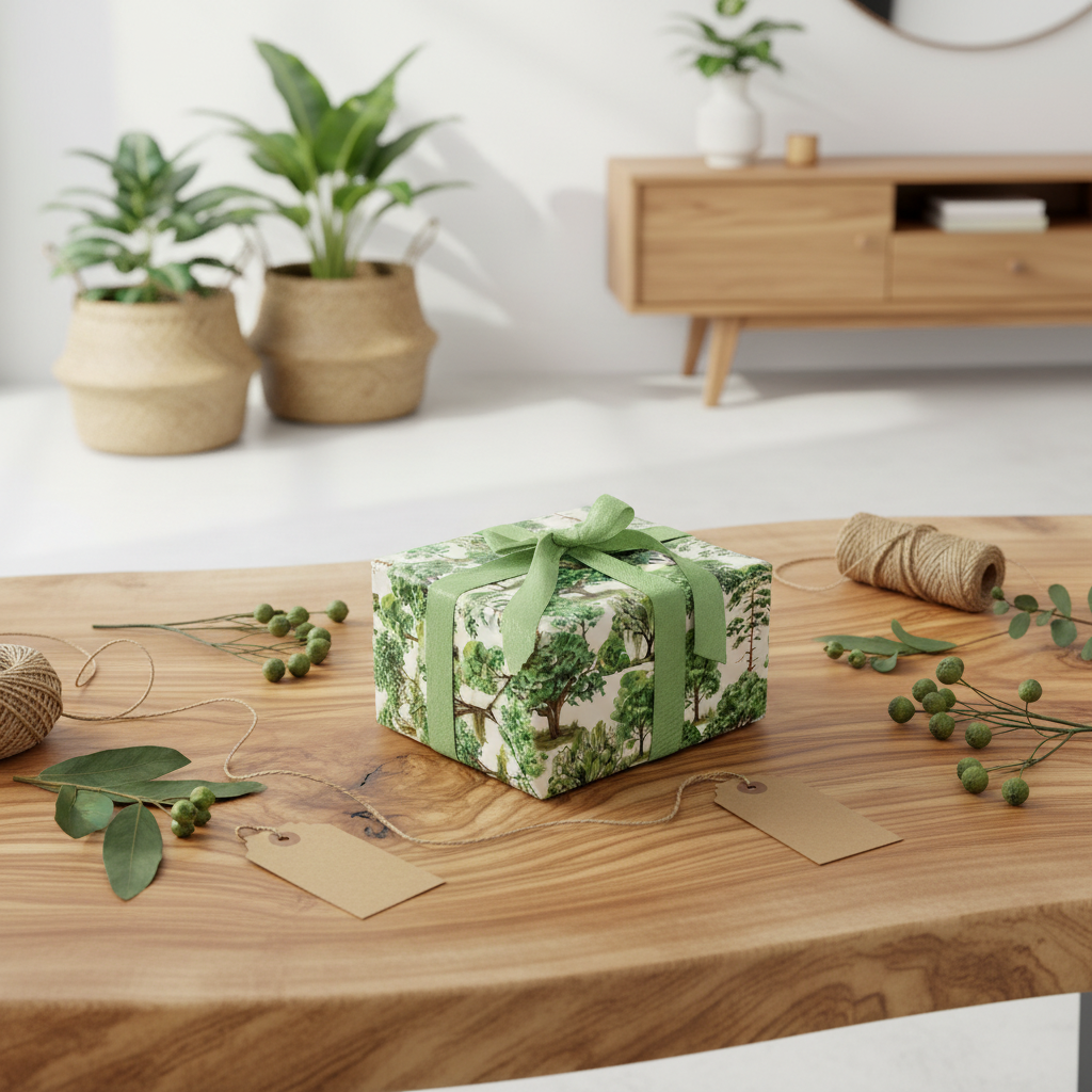 A square gift box wrapped in a green botanical patterned paper with a matching green ribbon, placed on a wooden tabletop with twine, paper tags, and small greenery in a styled indoor setting.