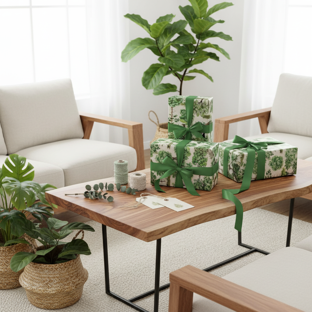 Three gift boxes wrapped in a green and white floral patterned paper with green ribbons are stacked on a wooden coffee table in a bright, modern living room with white armchairs and potted plants.