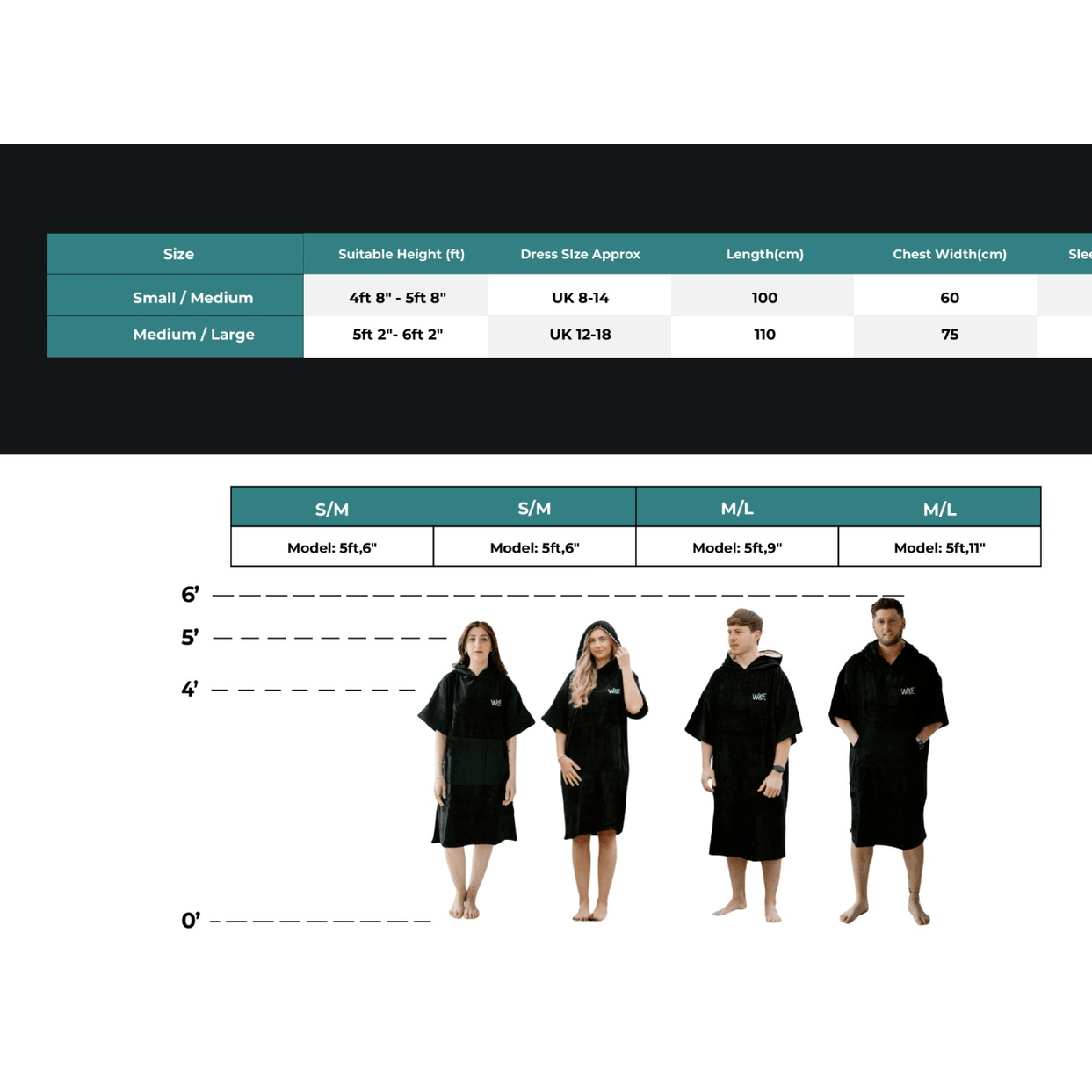 Measurement chart for clothing sizes with models demonstrating different height ranges.