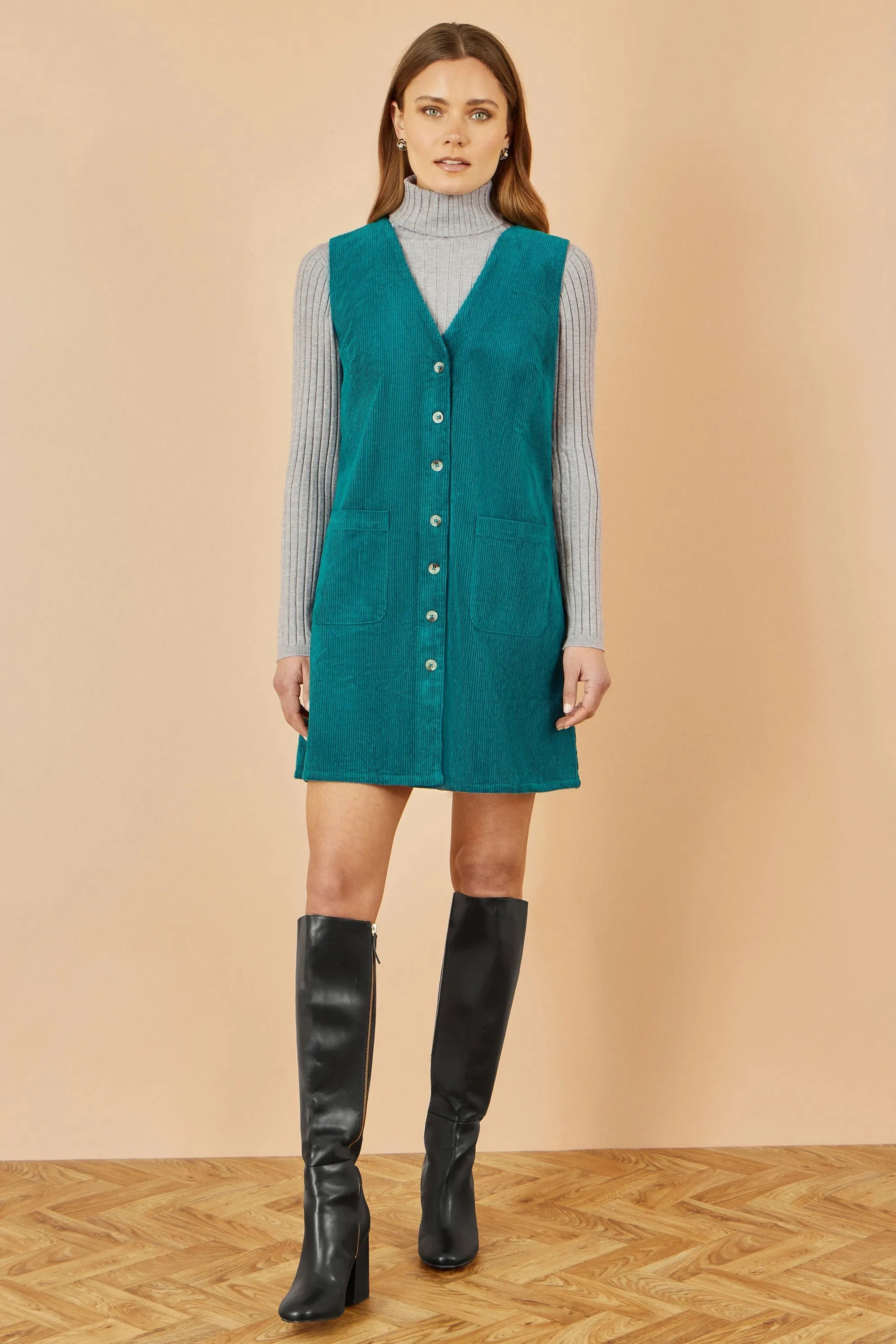 Yumi Pinafore Dress With Pockets Yumi Teal Cord Button Through Clothing & Accessories > Clothing > Dresses > Autumn Dresses > Pimafore Dresses > Cord Dresses > Teal Dresses emmy-jane-boutique.myshopify.com