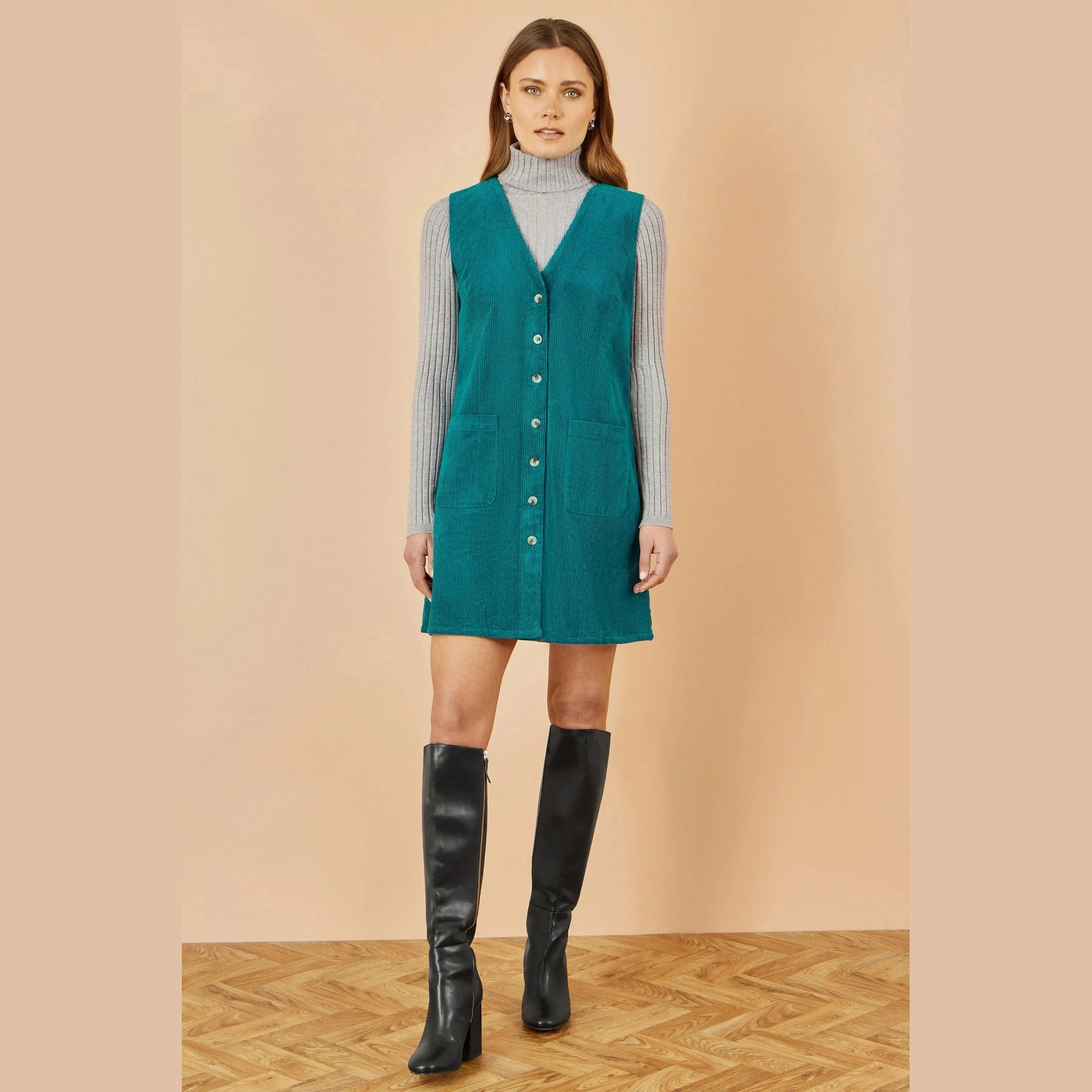 Yumi Pinafore Dress With Pockets Yumi Teal Cord Button Through Clothing & Accessories > Clothing > Dresses > Autumn Dresses > Pimafore Dresses > Cord Dresses > Teal Dresses emmy-jane-boutique.myshopify.com
