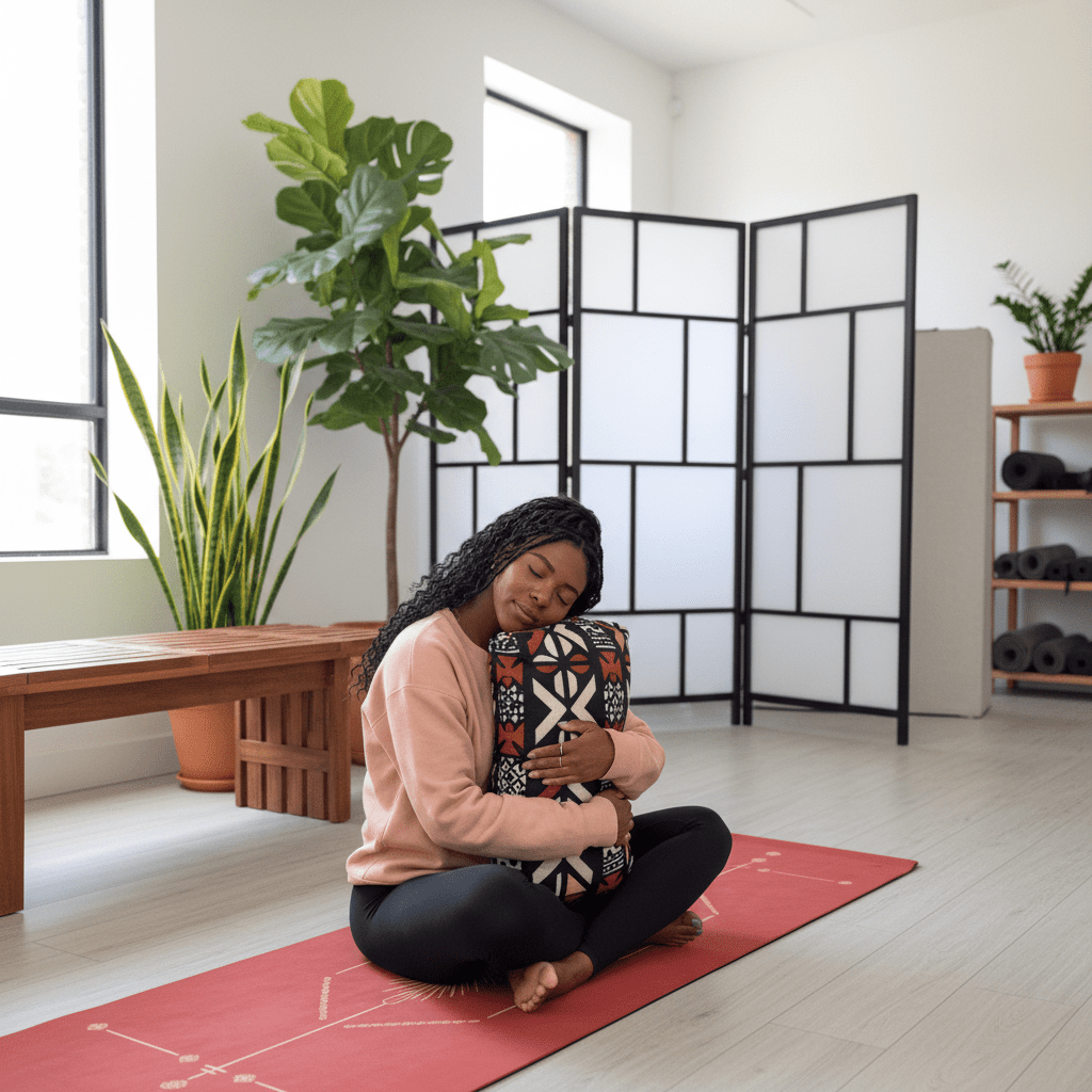 Woman practicing yoga on a red mat in a bright room with plants and a screen wall.