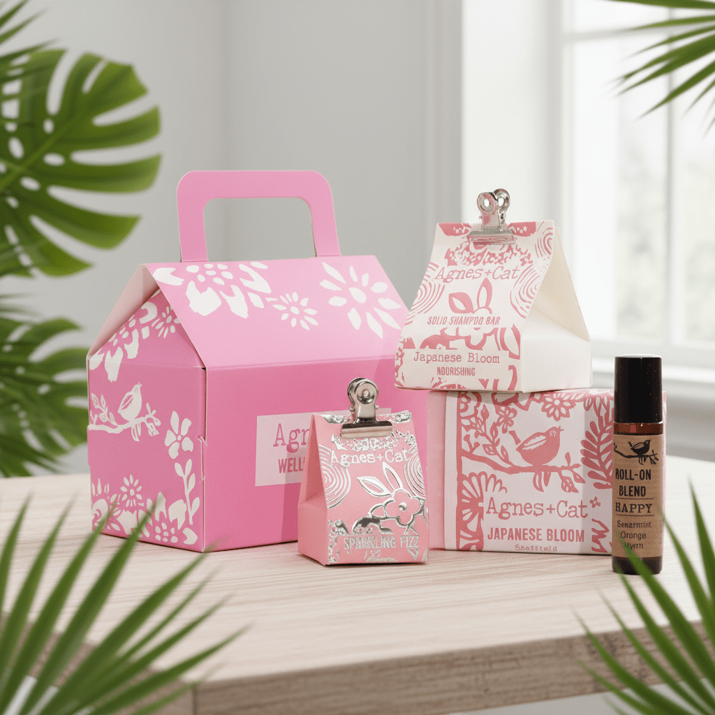 Collection of Agnes & Cat products including a pink box, small bottle, and rollerball on a wooden surface with green leaves in the background.