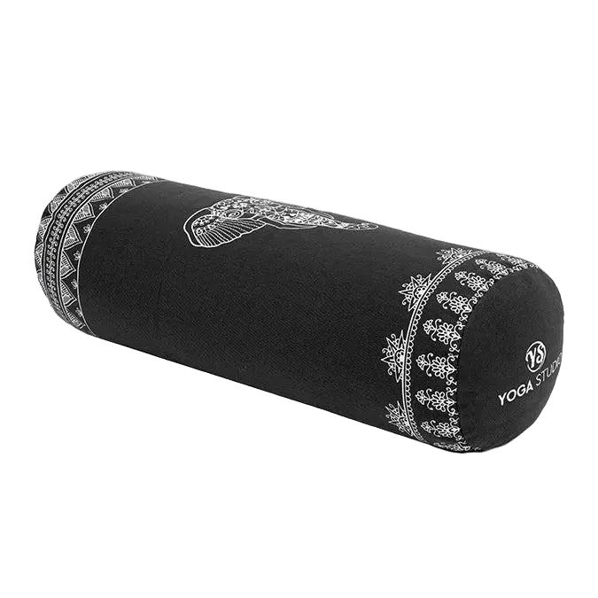 Black yoga bolster with white patterns and 'Yoga Studio' branding on a light gray background
