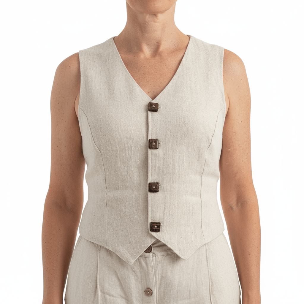 Light beige sleeveless vest with buttons on a white background