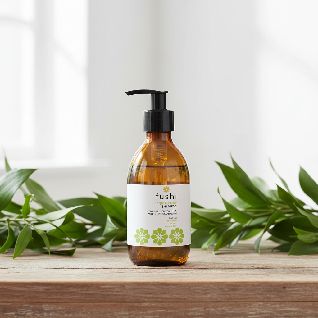 Fushi Argan & Amalaki Shampoo 230ml in amber glass bottle with pump, surrounded by fresh botanicals