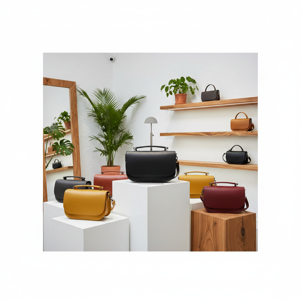 A styled interior scene showing multiple handbags displayed on white pedestals and wooden shelves against a white wall, with potted plants and a mirror in the background.