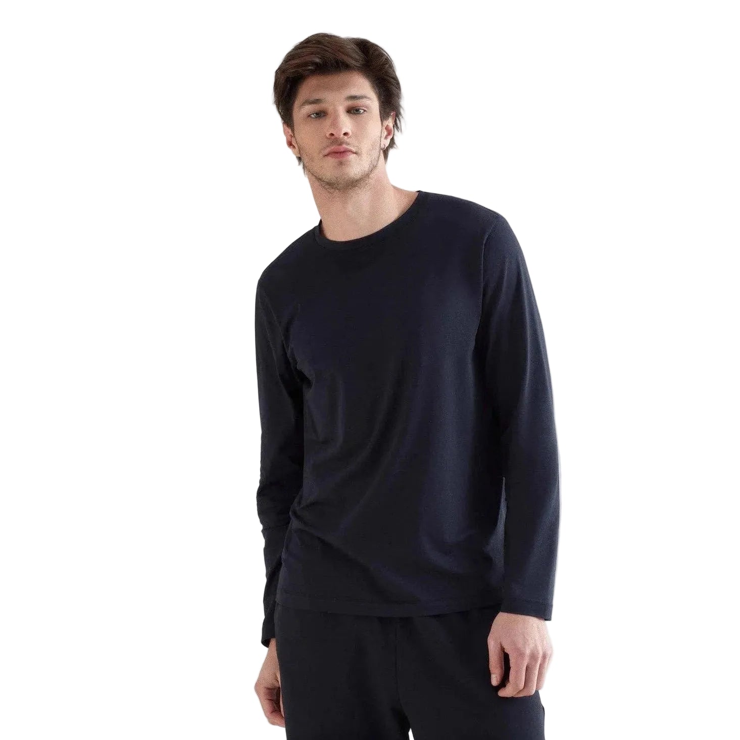 Man wearing a navy long-sleeve shirt against a white background