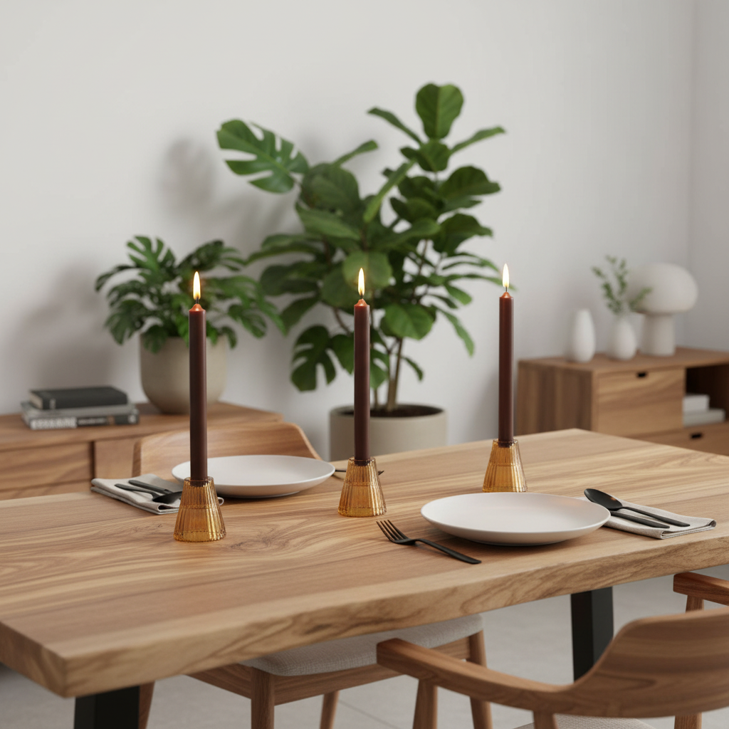 Three lit taper candles in dark brown holders with gold bases are arranged on a wooden dining table alongside white plates, cutlery, chairs, and potted plants in a softly styled interior.