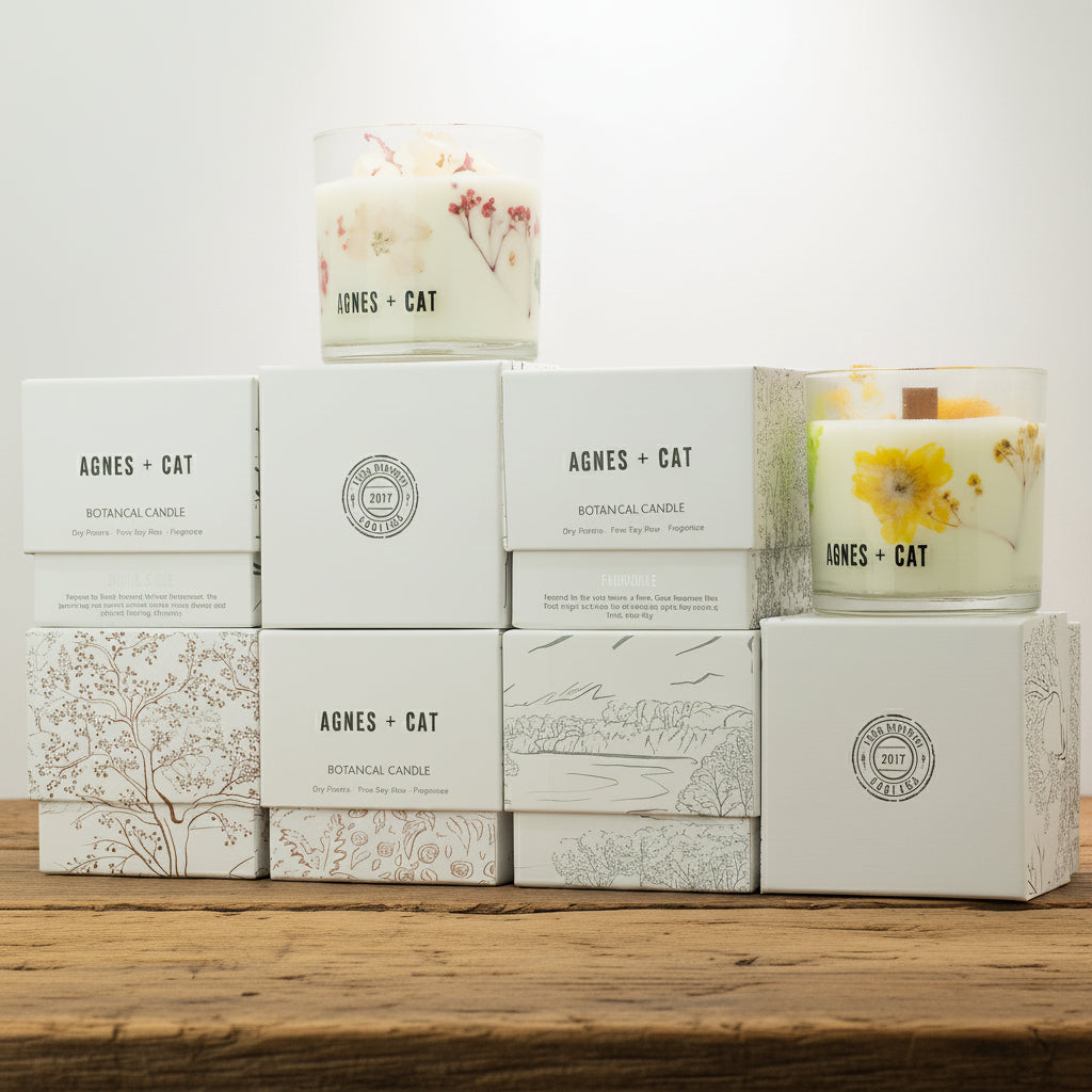 Candles and their packaging with 'AGNES + CAT' branding on a neutral background