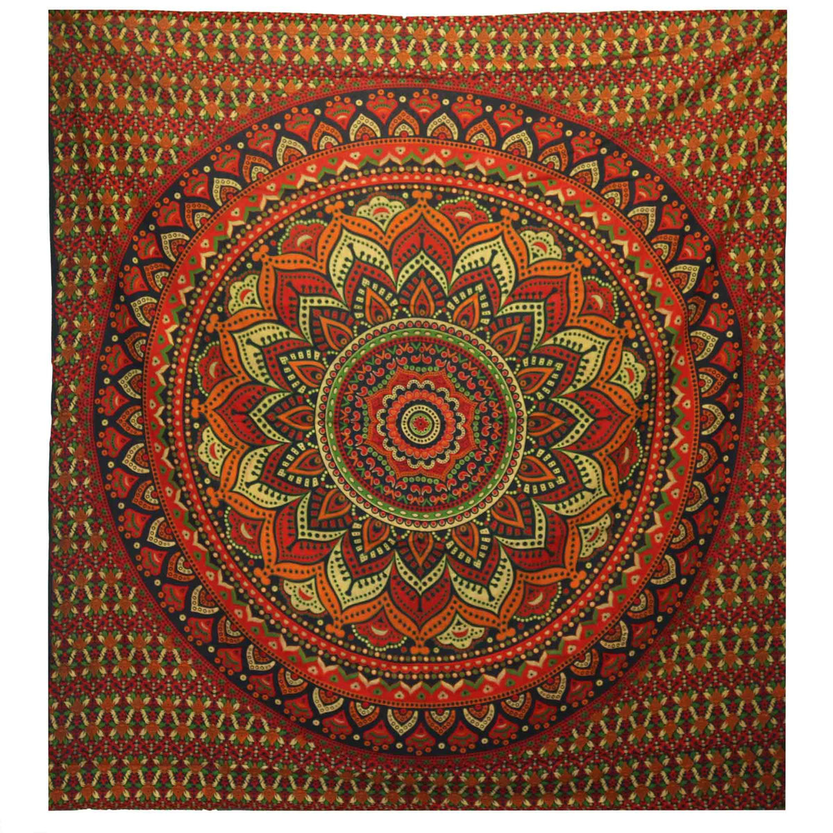 Colourful mandala-patterned wall hanging with intricate design on a plain background