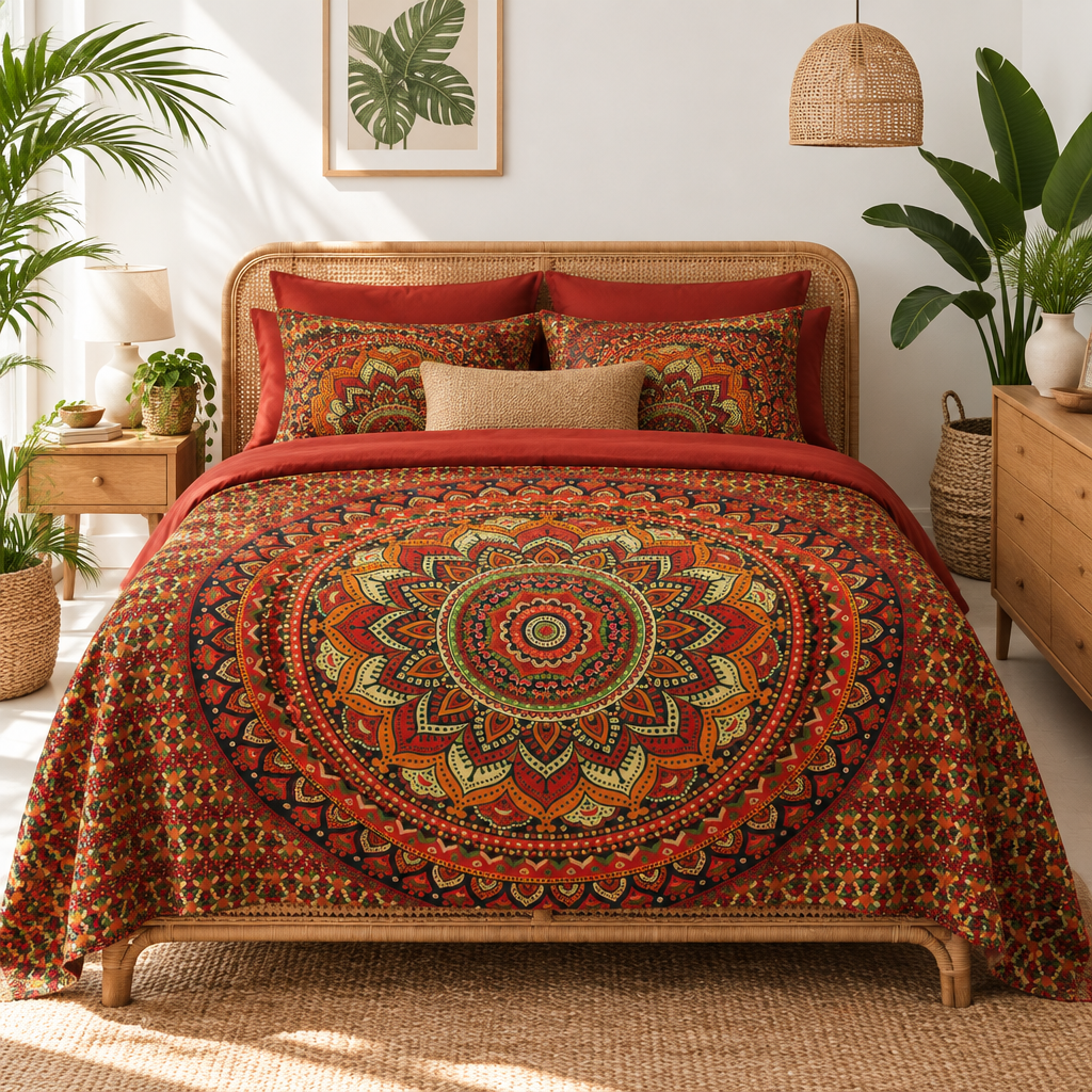 A bed dressed in a richly patterned bohemian mandala quilt set, featuring a large circular red, orange, and gold pattern with matching red pillows, styled in a bright, modern bedroom with plants and wooden furniture.