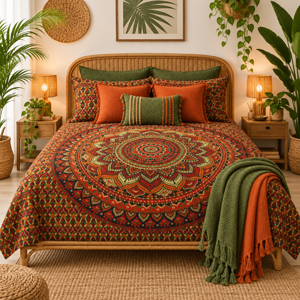 A bohemian-style bed dressed in a large multicolor mandala tapestry quilt, styled with orange and green pillows, a green throw blanket, and matching patterned pillows, set in a warm, decorated bedroom.