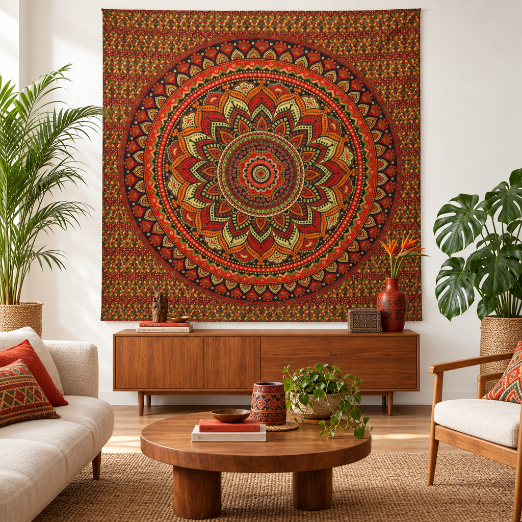 A large bohemian mandala cotton wall hanging in red, orange, yellow, and green is displayed in a styled living room above a wooden credenza, flanked by potted plants and a sofa.