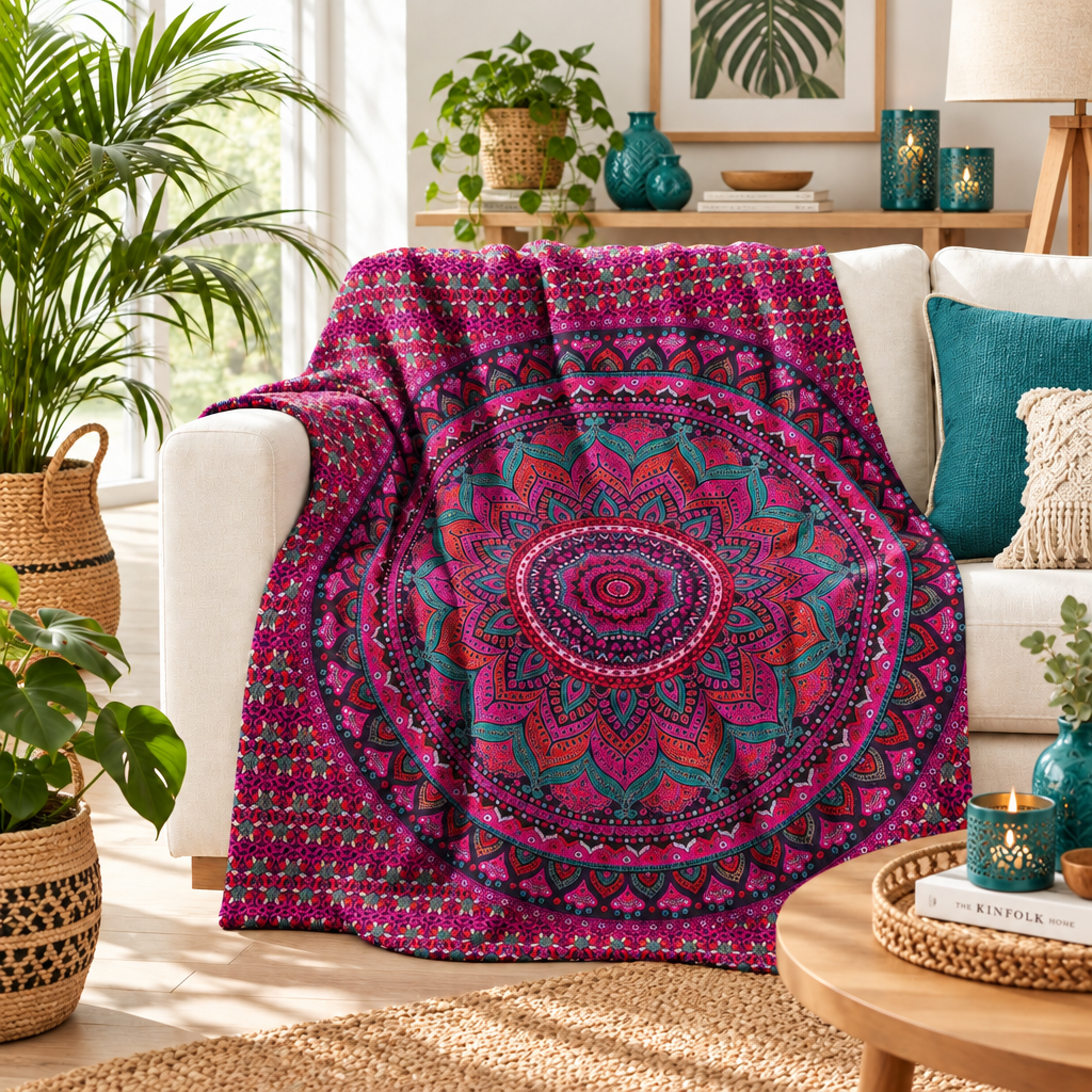 A vibrant bohemian mandala throw blanket draped over a white sofa in a bright, modern living room setting.