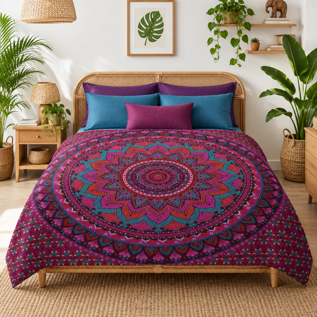 A bed dressed in a colorful mandala-patterned comforter with teal and purple pillows, styled in a bright, plant-filled bedroom.