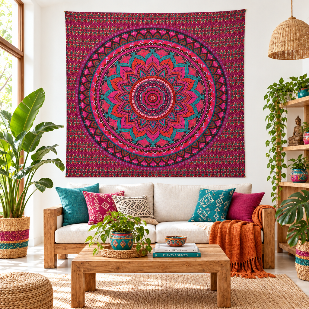 A large bohemian mandala tapestry wall hanging in vibrant pink, teal, and purple hangs on a white wall above a light beige sofa in a styled living room with plants, a wooden coffee table, and decorative pillows.