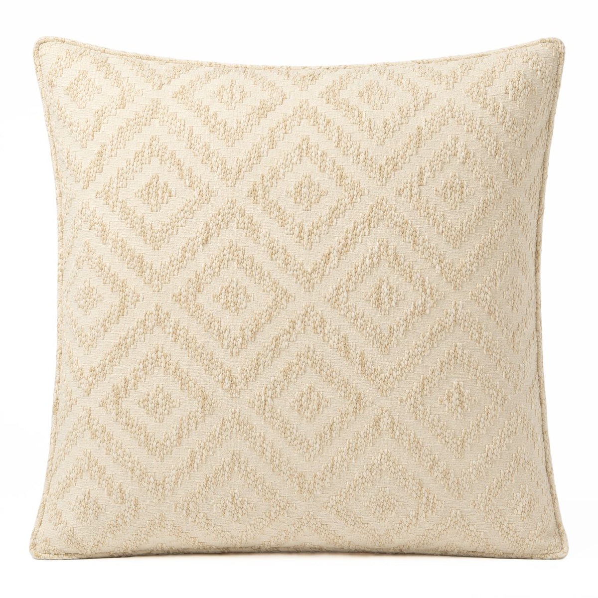A square throw pillow in a textured cream and beige fabric with a woven geometric diamond pattern, shown against a plain white background.