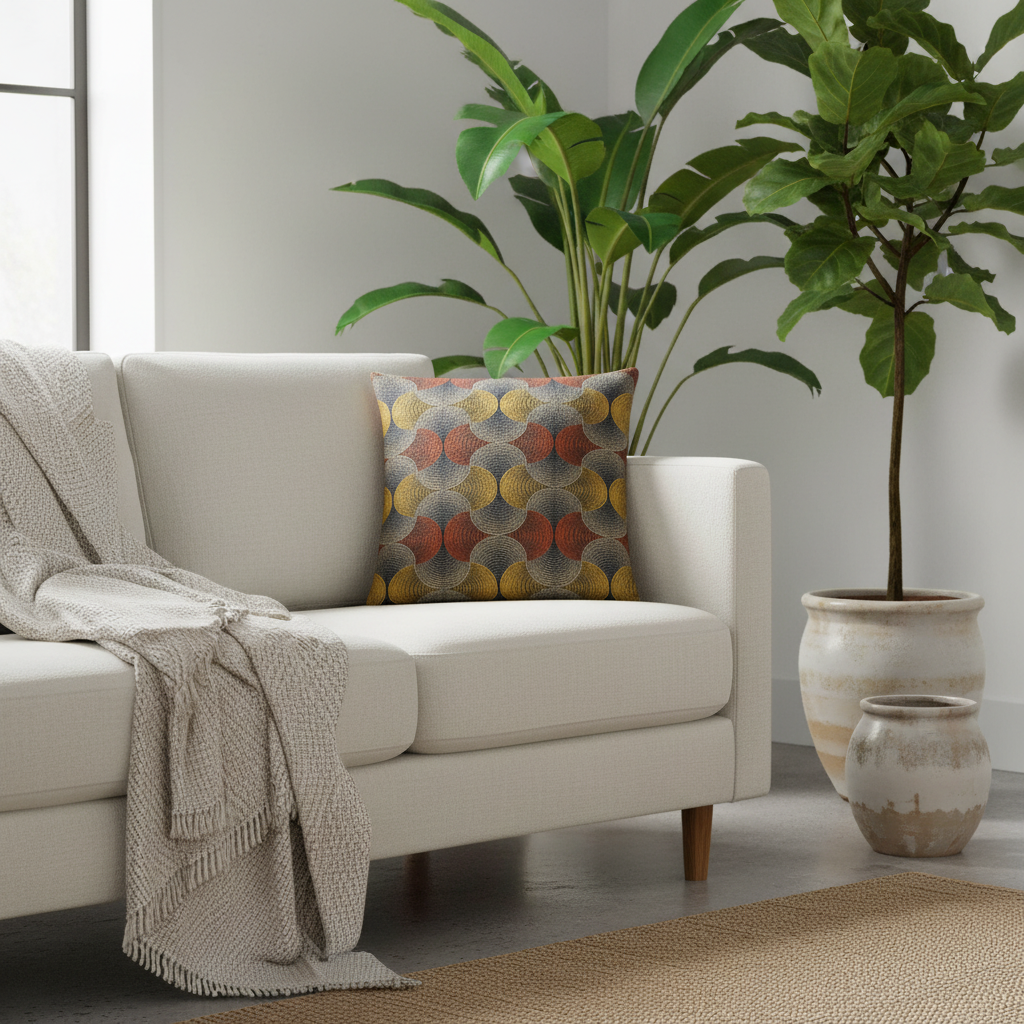 A cosy modern living room with a light cream fabric sofa, a patterned accent pillow, and exotic green plants