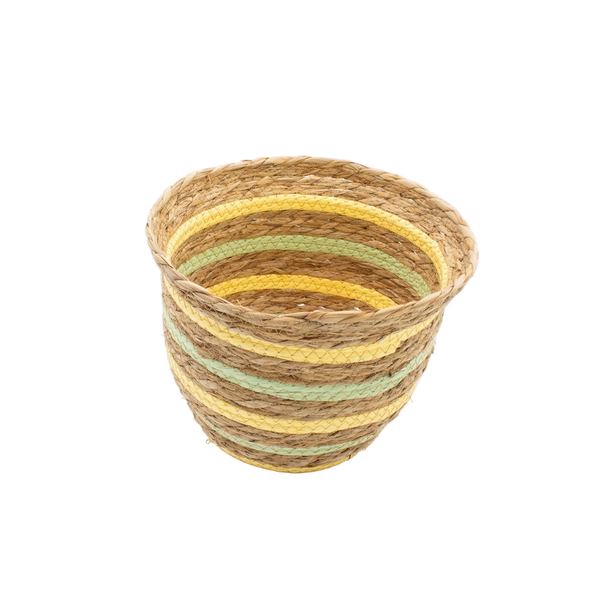 Small vase-shaped woven basket showing its open interior and yellow and green stripes
