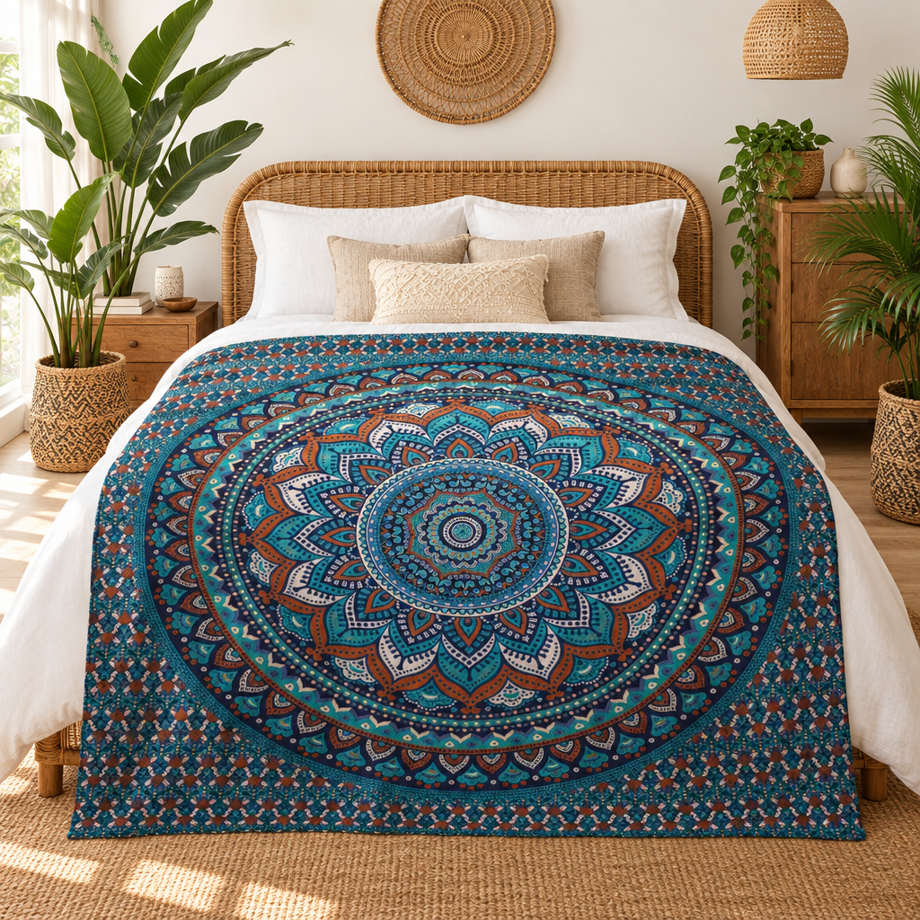 A bed dressed in white linens and a large bohemian mandala-patterned bedspread. The quilt features a complex circular design in teal, blue, brown, and cream.