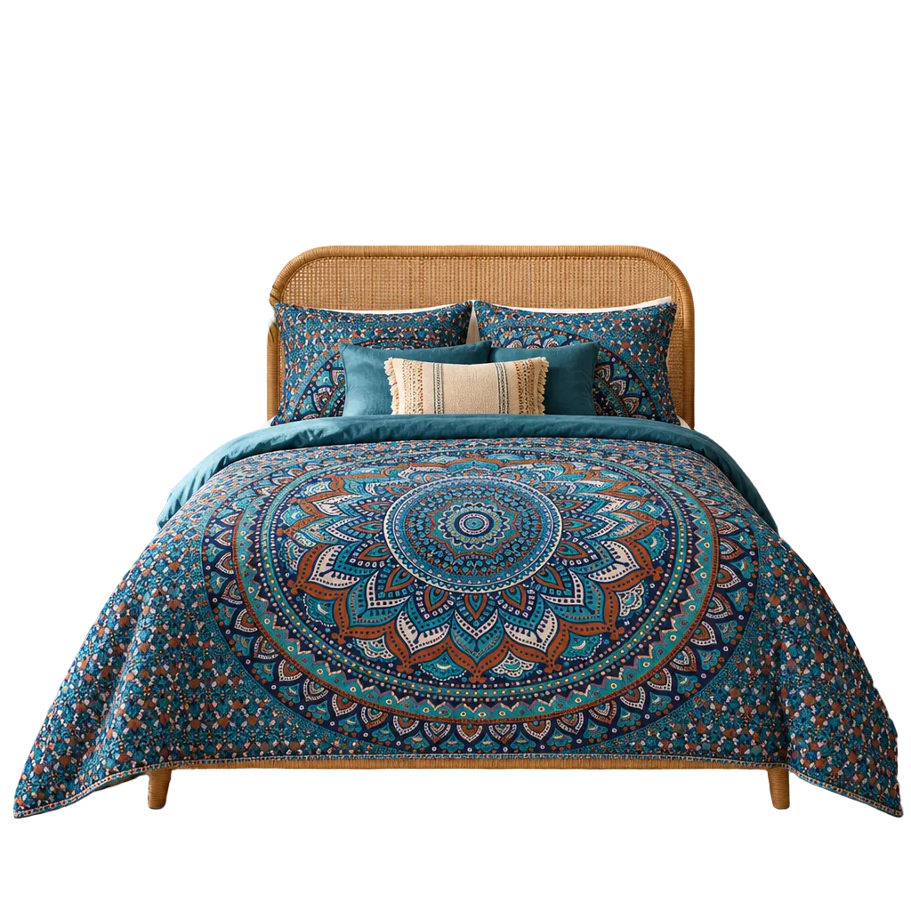 A bed dressed in a teal-and-blue mandala-patterned throw with matching pillows, shown against a plain white background.