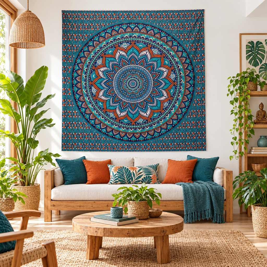 A large square wall hanging featuring a detailed teal, blue, and rust-orange mandala pattern, hanging on a white wall above a white sofa in a styled living room with plants and a wooden coffee table.