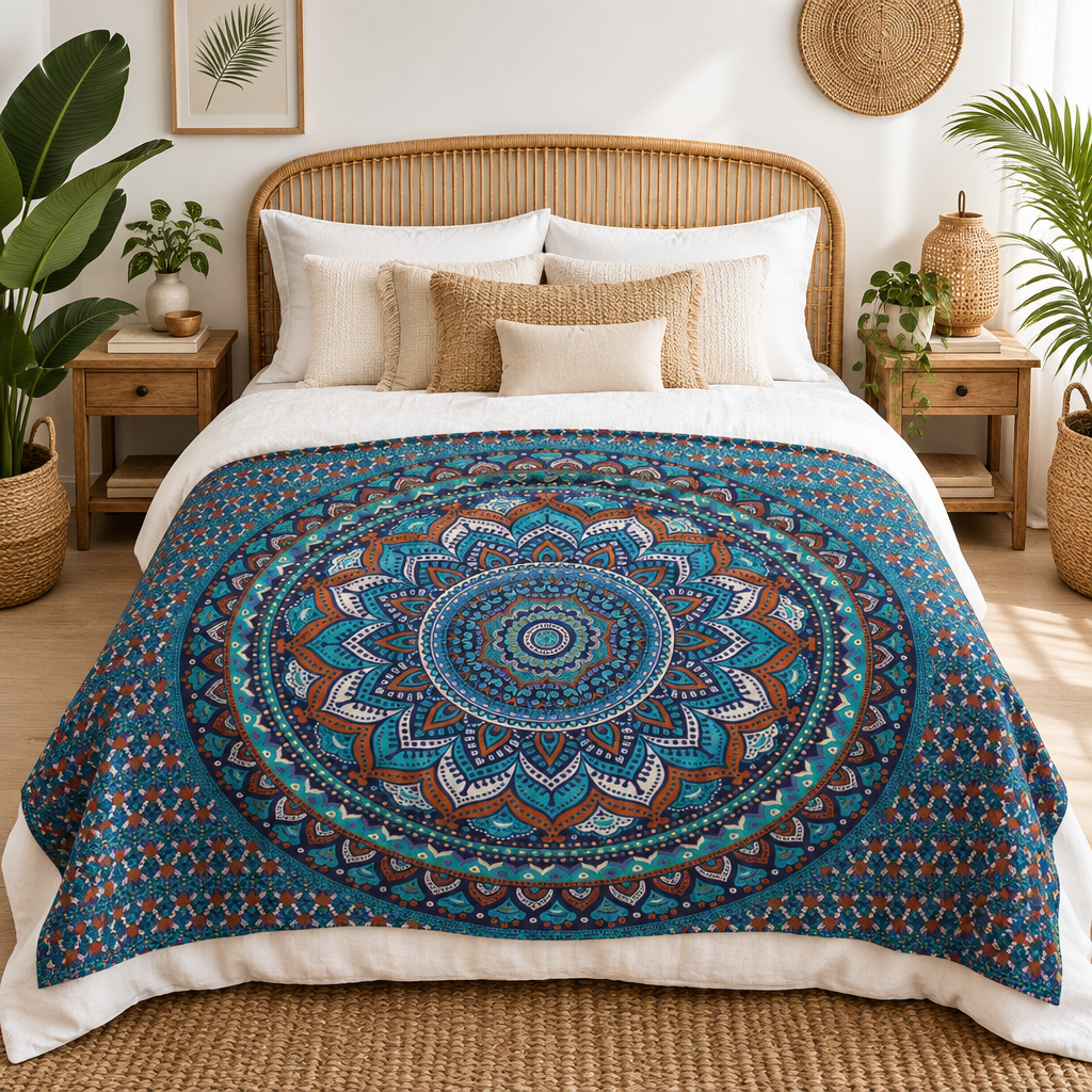 A bed dressed in white bedding and a large teal, blue, brown, and cream mandala-patterned throw blanket, styled in a bright, modern boho bedroom with plants, wooden nightstands, and woven decor.
