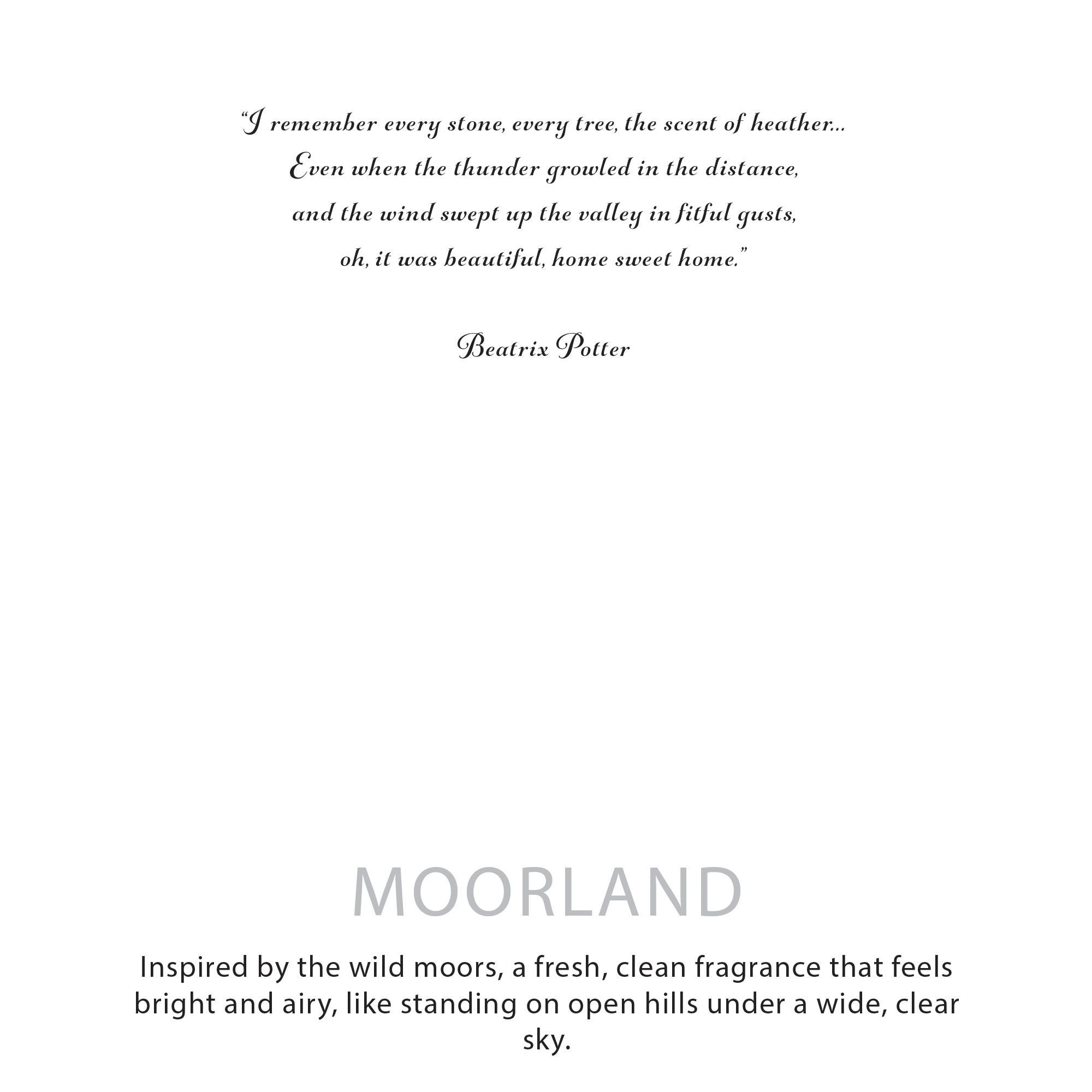 Text quote from Beatrix Potter on a white background with 'Moorland' branding.