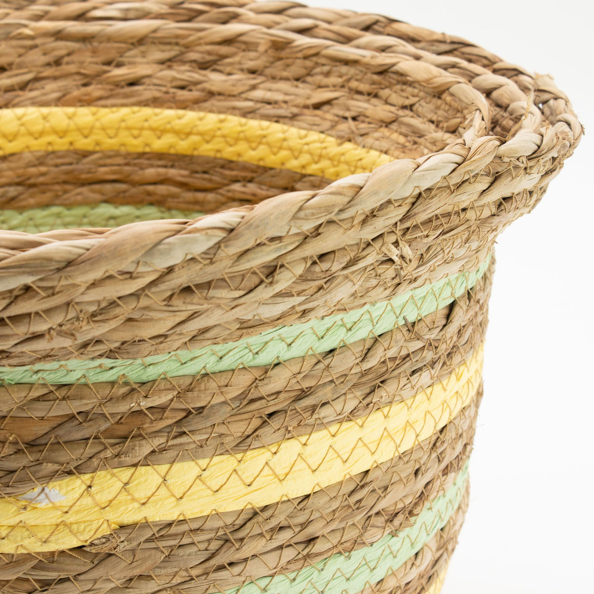 Close-up of the woven basket rim and yellow and green striped detail