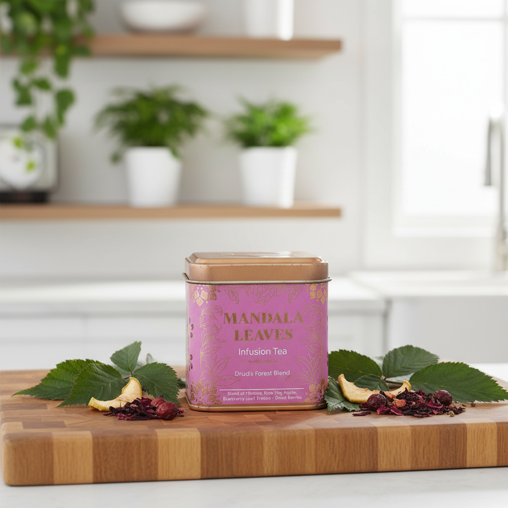 A pink tin of Mandala Leaves Infusion Tea sits on a wooden cutting board, surrounded by green leaves, dried flower petals, and citrus slices. The background shows a softly blurred kitchen setting with shelves and potted plants.