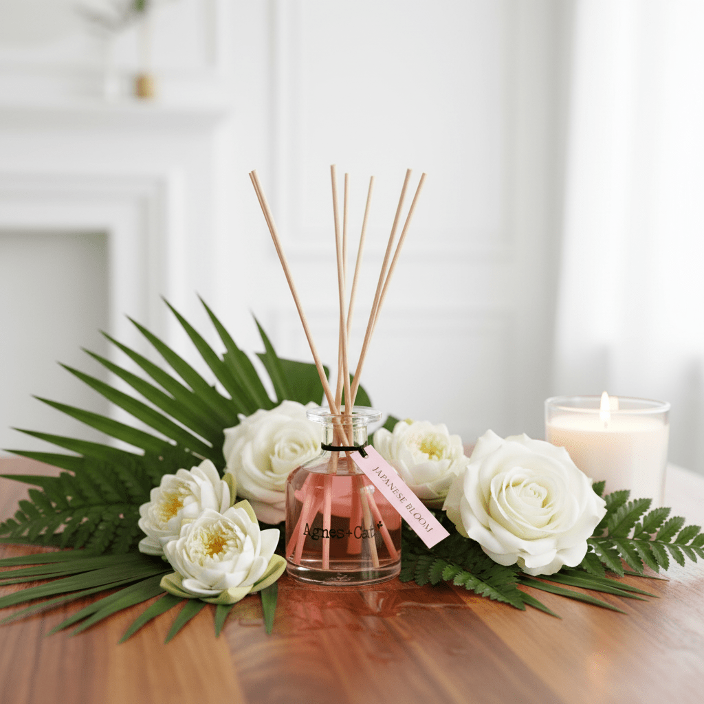 Diffuser with reeds, white flowers, and a candle on a wooden surface