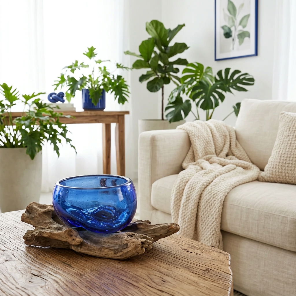 A translucent cobalt blue glass bowl with a textured, organic shape sits on a rustic natural wood base on a wooden coffee table. The setting is a bright, modern living room with a beige sofa, a knitted cream throw blanket, and several green potted plants in the background.