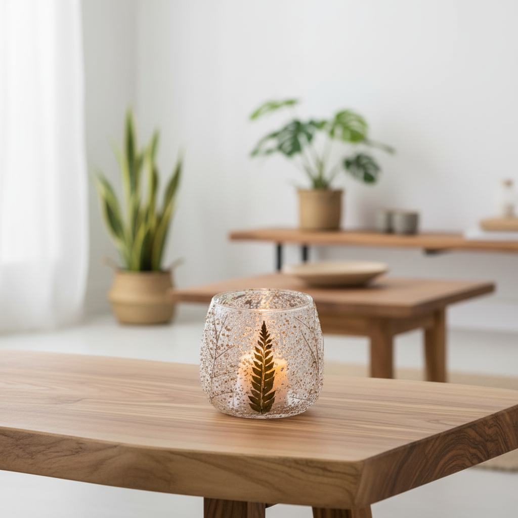 Candle holder with leaf design on a wooden table in a room with plants and tables.