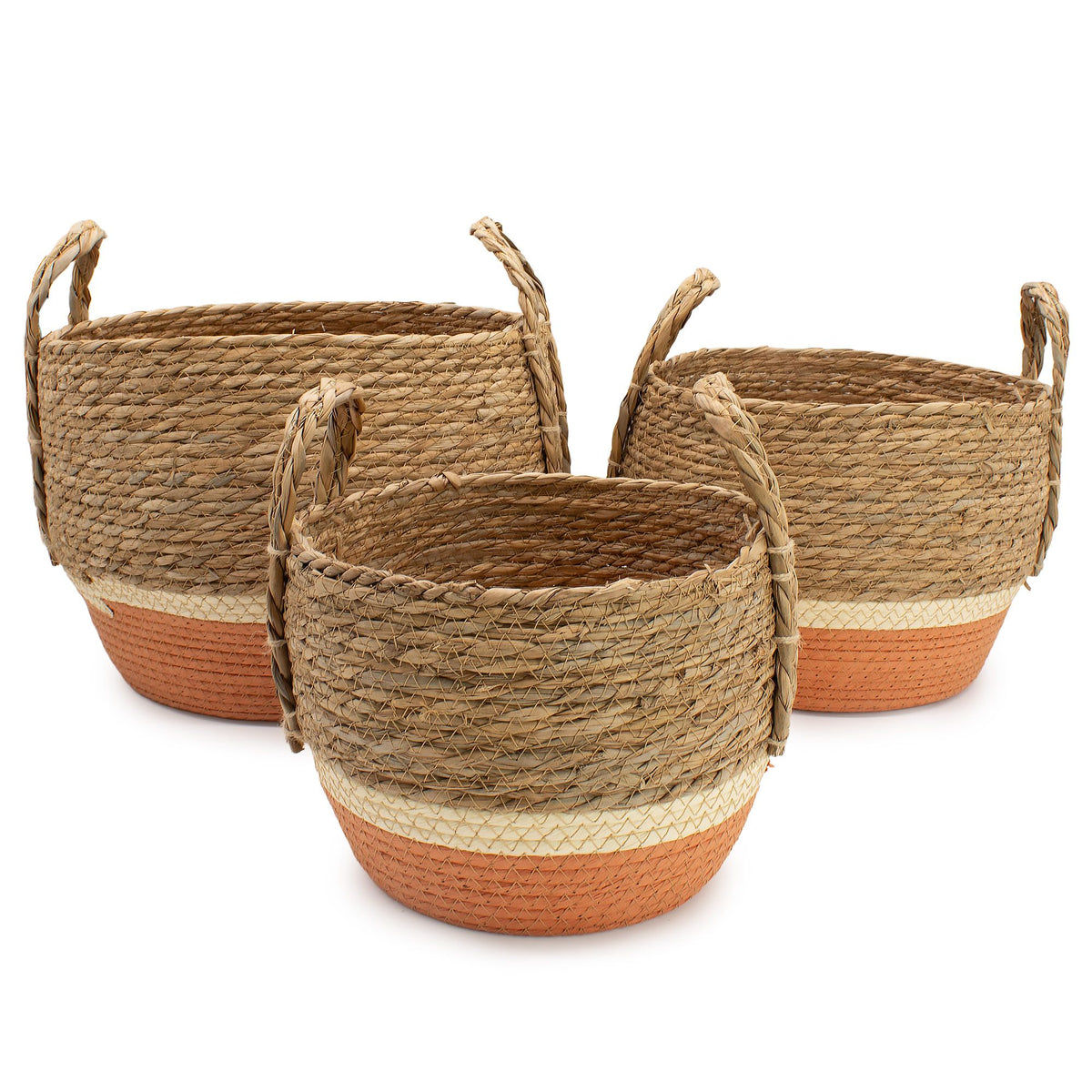 Set of three natural woven baskets with orange bases, pale bands and side handles