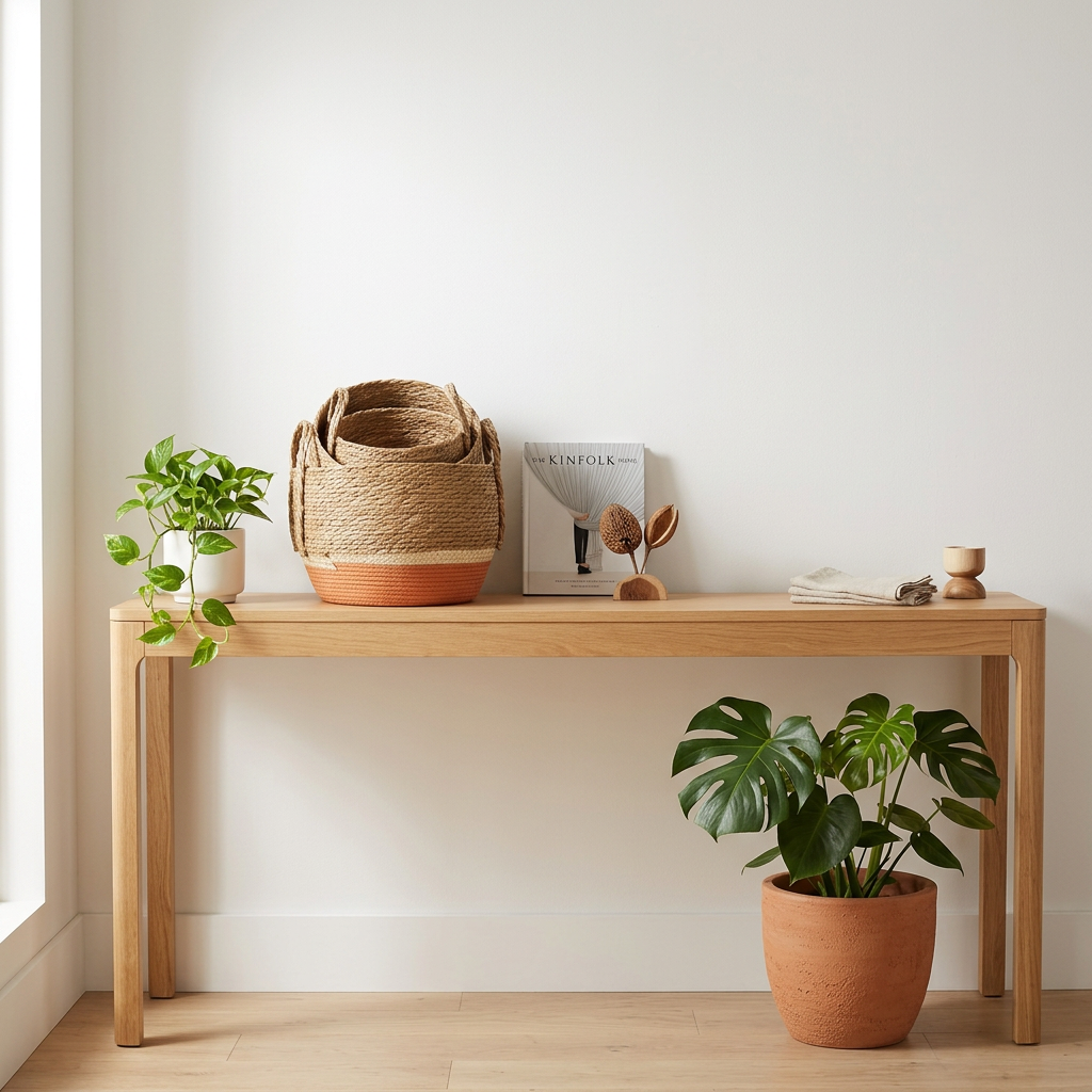 Three orange-based woven baskets nested together on a wooden console beside a trailing plant and an upright book