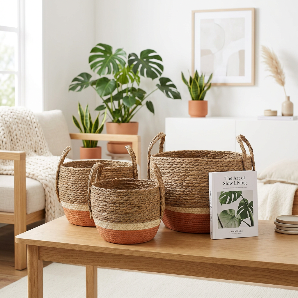 Three natural woven baskets with orange bases and side handles displayed on a wooden coffee table beside an upright book