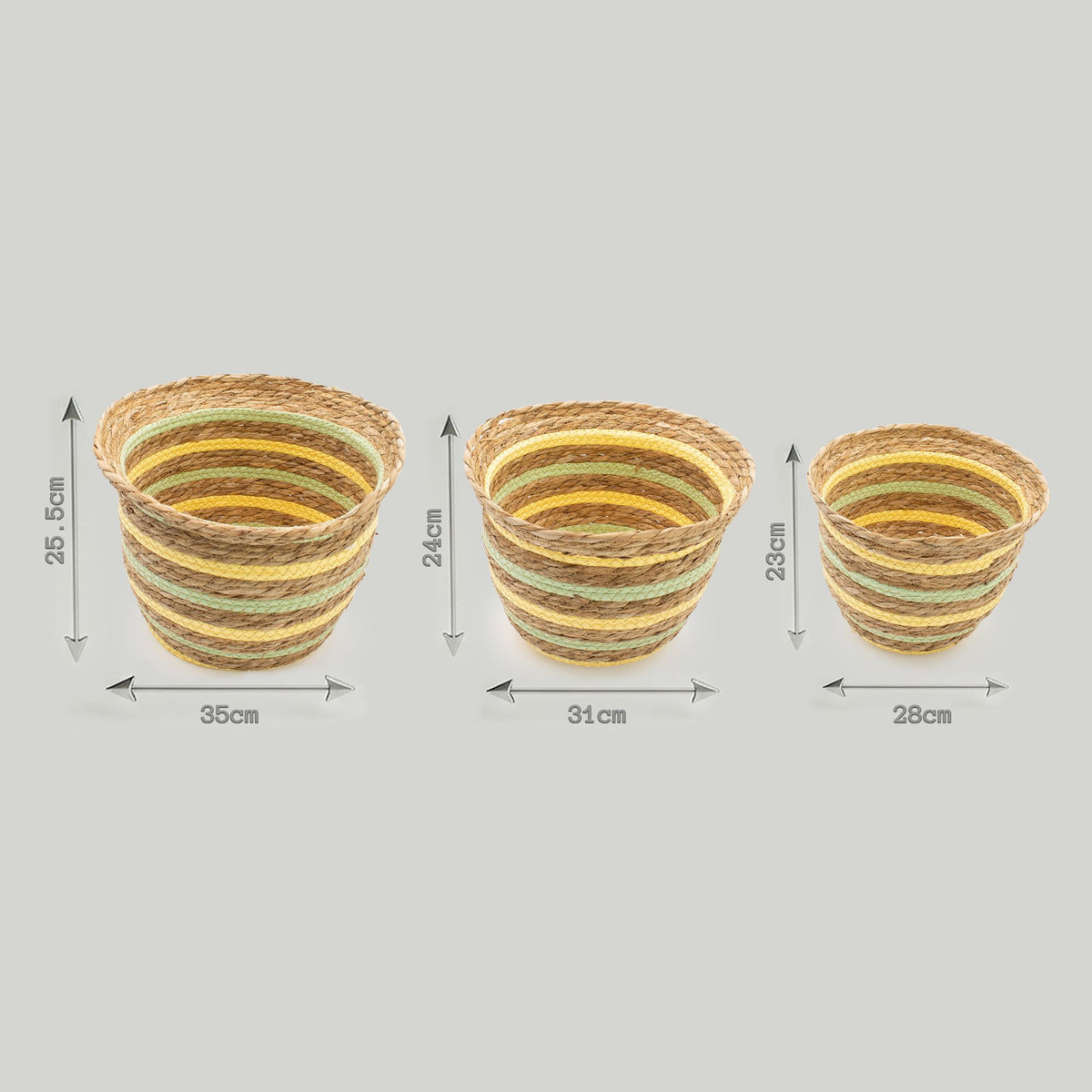 Basket size diagram: large 35 × 25.5cm, medium 31 × 24cm and small 28 × 23cm.