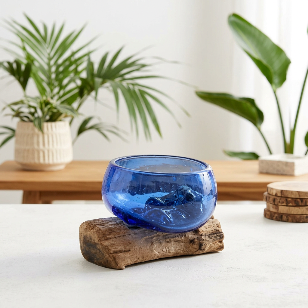 A round cobalt blue glass bowl resting on a rustic natural wood block, set on a white table with a wooden shelf and potted green plants in the background.