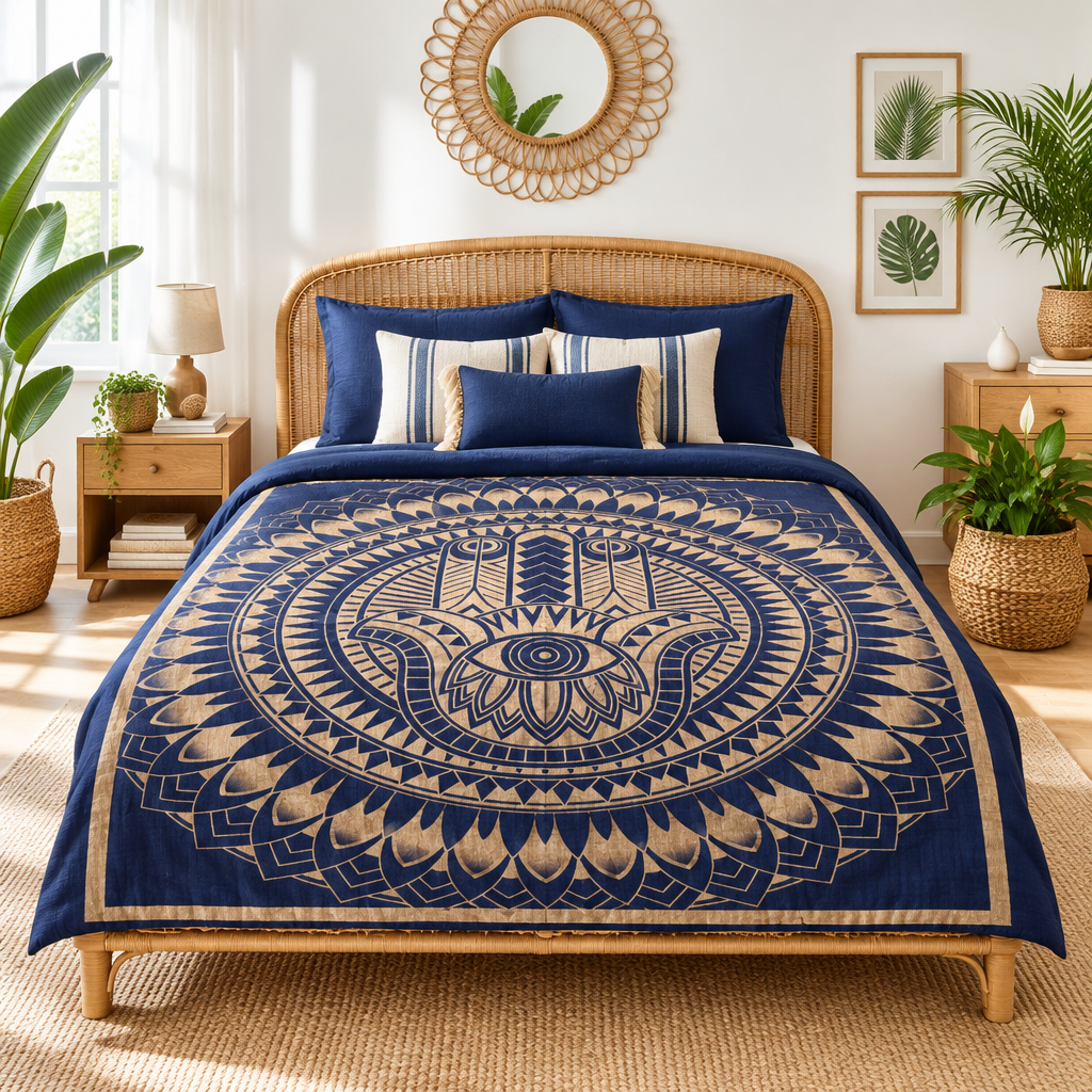 A thin cotton trhrow in navy blue nd gold draped over a bed in a modern bedroom with eco-friendly furniture and plants