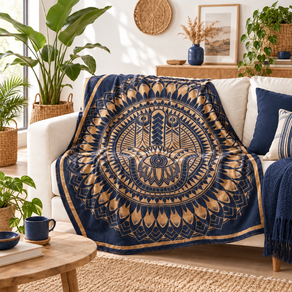 A navy blue throw with a large gold Hamsa hand and mandala pattern draped over a white sofa in a bright, modern living room.