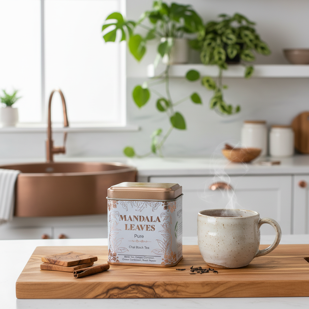 A tin of Mandala Leaves Organic Black Tea sits on a wooden cutting board next to a steaming ceramic mug in a bright, modern kitchen setting.