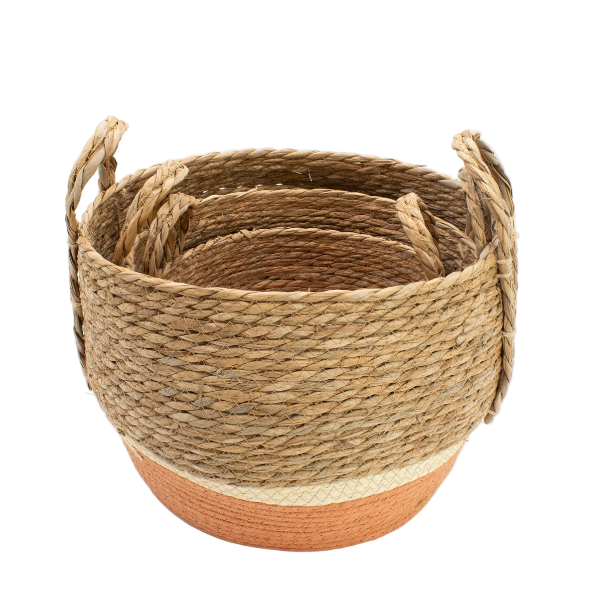 Three orange-based woven baskets nested together for compact storage