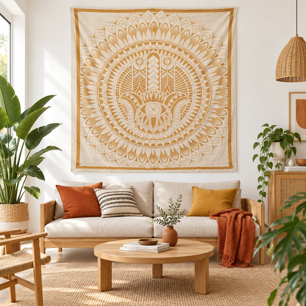A large bohemian-style wall hanging featuring a cream and gold Hamsa hand mandala design, hanging on a white wall above a light beige sofa in a modern, sunlit living room.