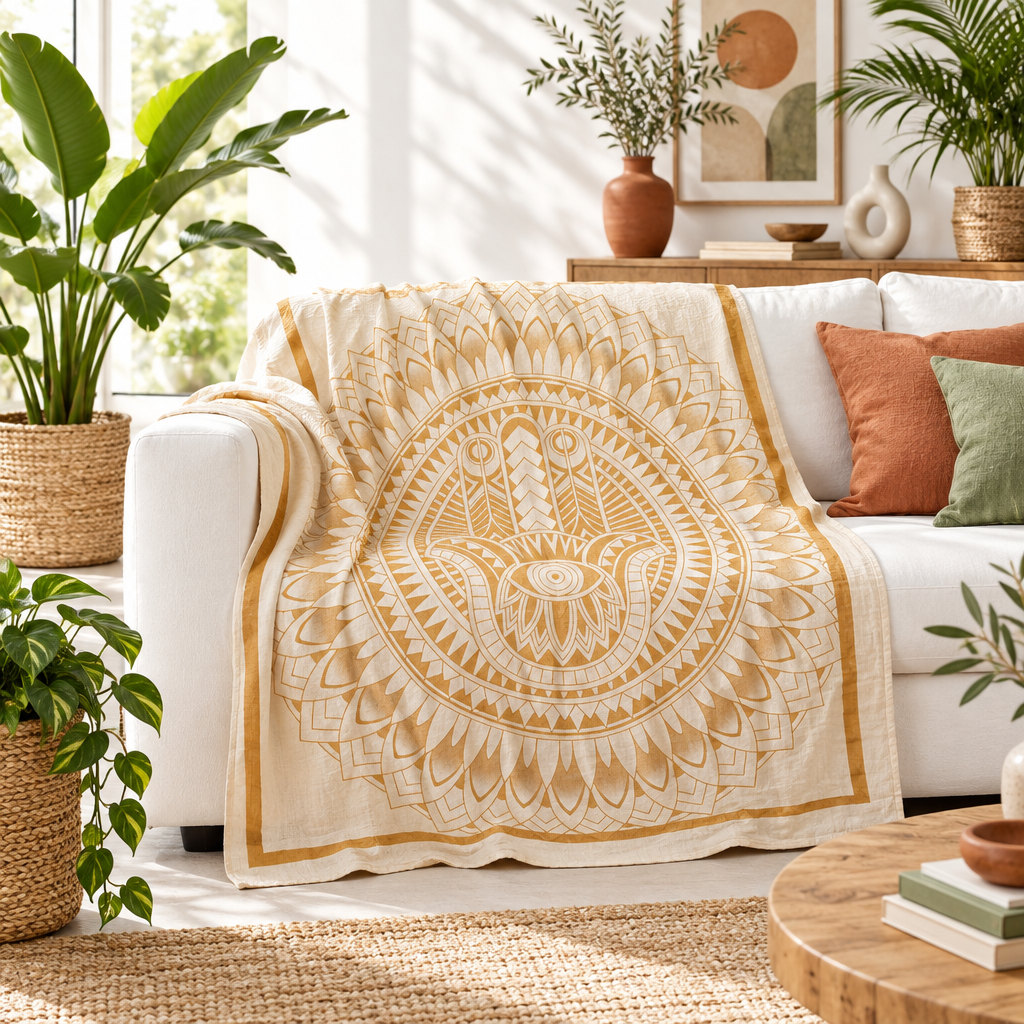 a thin cotton gold and cream throw is draped over a cream sofa in a boho styled living room with green plants and wooden funiture