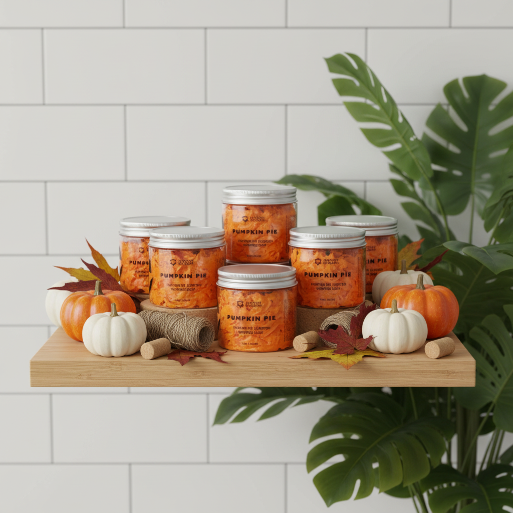 Six glass jars of Pumpkin Pie whipped soap arranged on a wooden shelf with small pumpkins, twine, and fall leaves. The background features a white subway tile wall and a large green monstera plant.