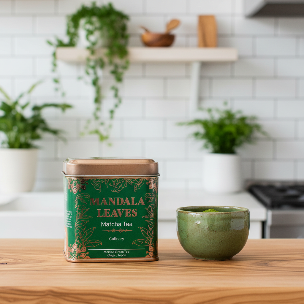 A tin of Mandala Leaves Matcha Tea sits on a wooden countertop next to a matching green ceramic bowl in a bright, modern kitchen setting.